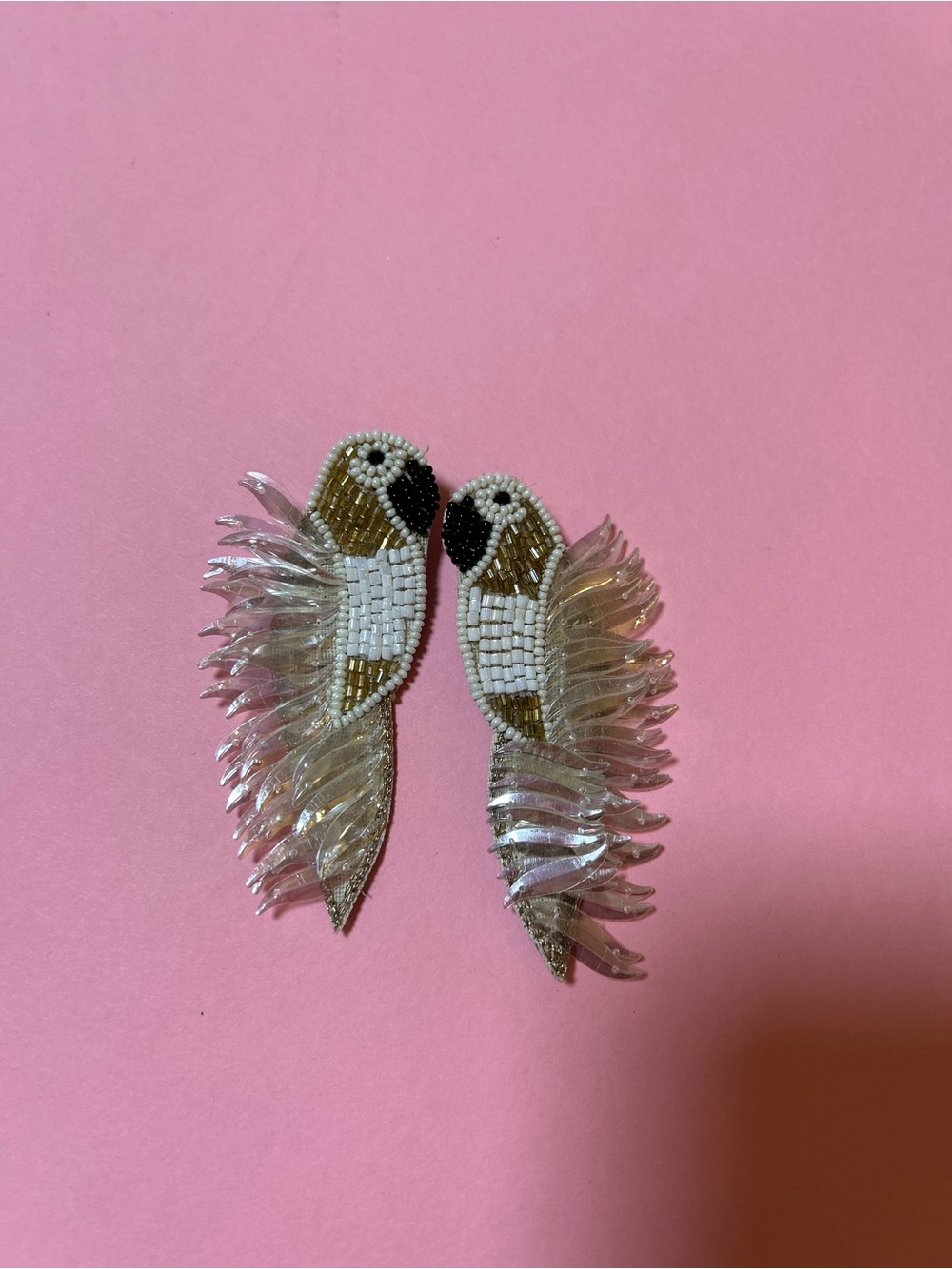 Decorative White & Gold Parrot Beaded Applique Earrings